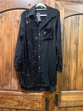 Black Sequin Panel Shirt Dress - Women